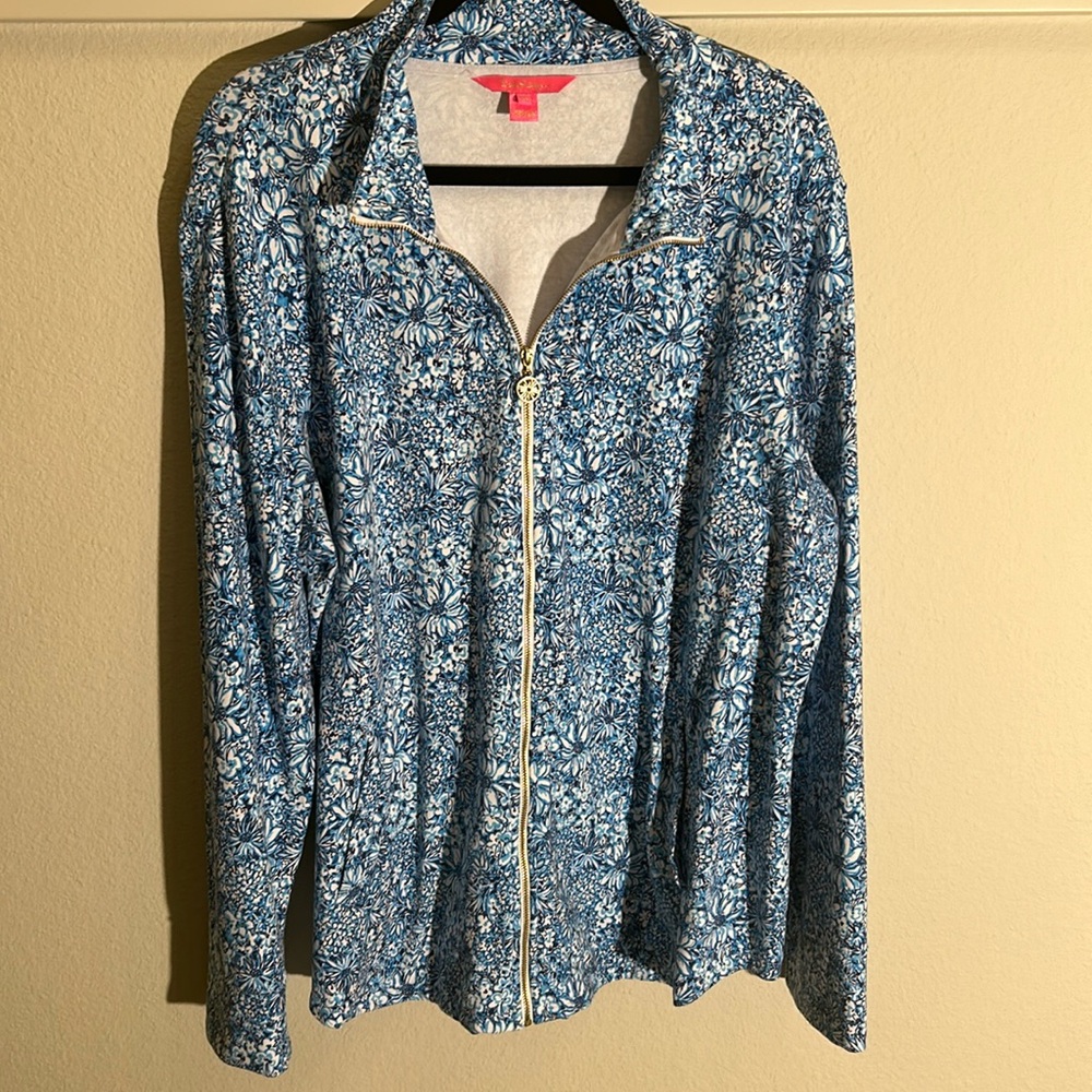 Lilly Pulitzer LEONA FULL ZIP LUXLETIC JACKET in Cumulus Blue Blooming Size XXL